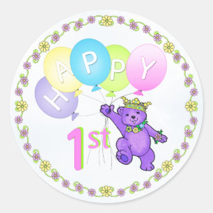 Sticker Rond 1er anniversaire Princesse Bear Happy