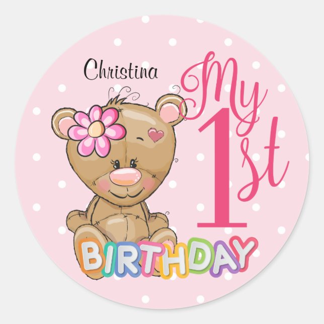Sticker Rond 1er anniversaire Teddy Bear rose personnalisé (Devant)