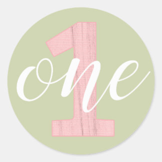 Sticker Rond 1er Anniversaire Un Sage Vert & Rose Bois