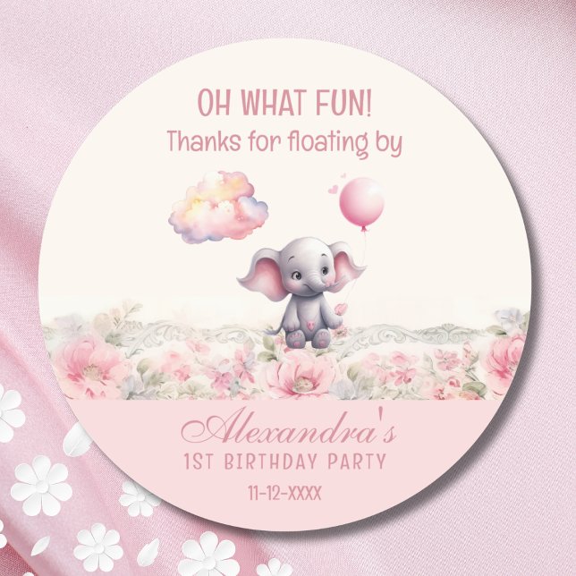 Sticker Rond 1er Merci d'anniversaire de la mignonne Eléphante  (Créateur téléchargé)