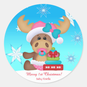 Sticker Rond 1er Noël de bébé Moose Cute Funny