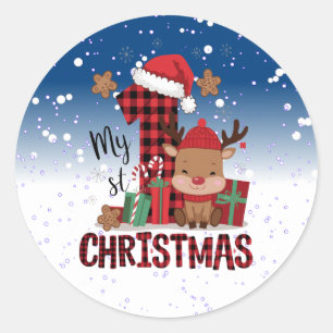 Sticker Rond 1er Noël Santa Hat White Neige Bébé Reindeer