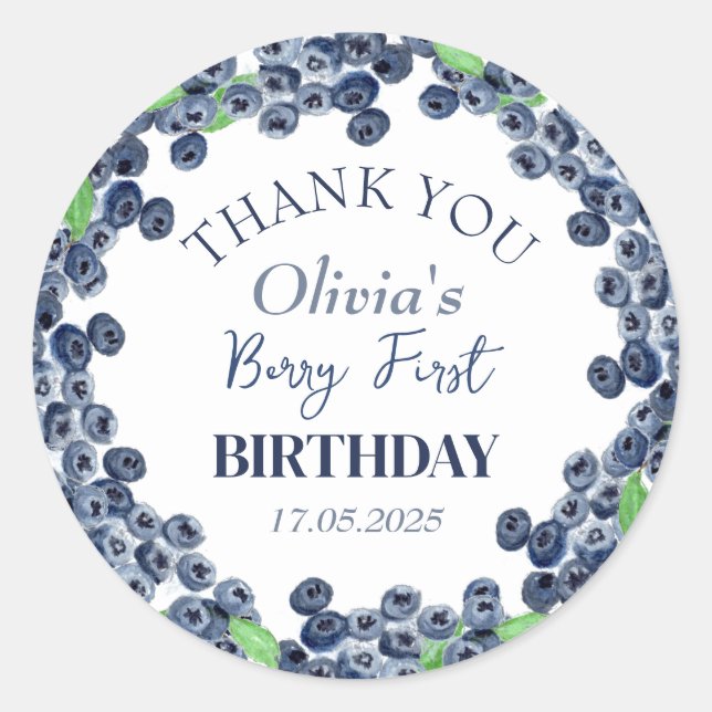 Sticker Rond 1ère fête d'anniversaire Blueberry Baby Girl (Devant)