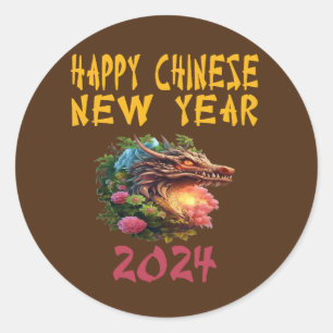 Sticker Rond 2024 Nouvel An Chinois Année Du Dragon 2024 Brown.