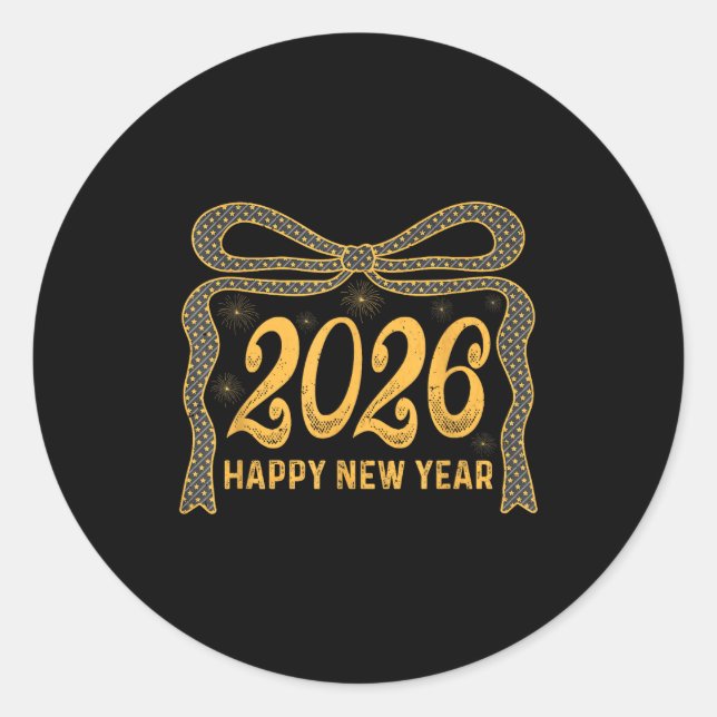 Sticker Rond 2026 Happy New Year Bow Fireworks Celebration Desi (Devant)