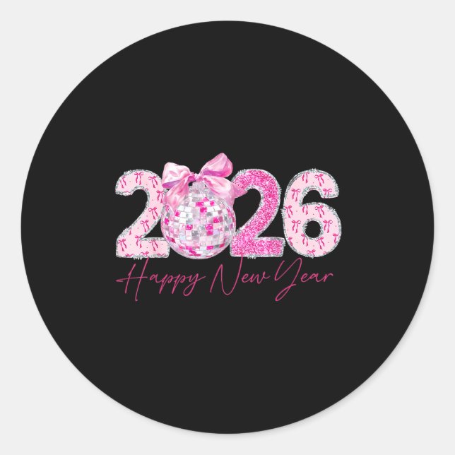 Sticker Rond 2026 Happy New Year Bow Patch Disco Ball  (Devant)
