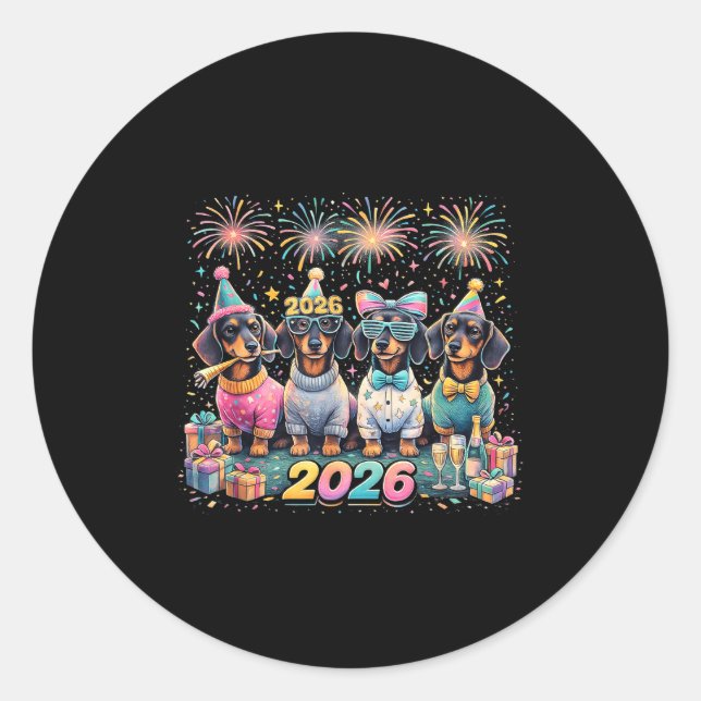 Sticker Rond 2026 New Year Dachshund Party Fireworks Fun  (Devant)