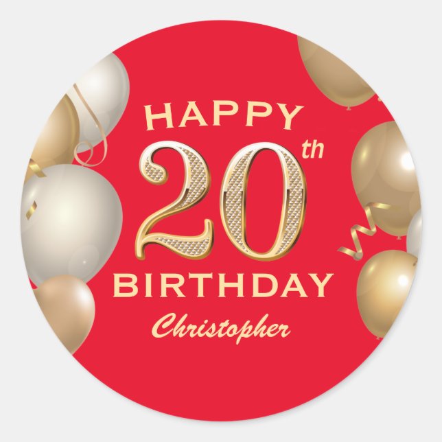 Sticker Rond 20e Anniversaire des Ballons Rouge et Or (Devant)