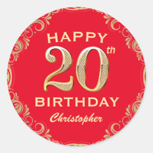 Sticker Rond 20e anniversaire Parties scintillant rouge et or c