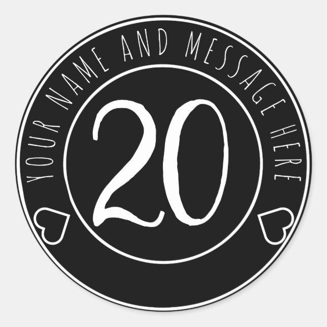 Sticker Rond 20e fête d'anniversaire Simple moderne noir et bla (Devant)