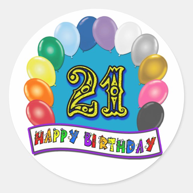 Sticker Rond 21e anniversaire Cadeaux avec ballons assortis Con (Devant)