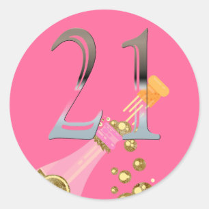 Sticker Rond 21e Anniversaire Champagne Rose Numéro d'Argent 21