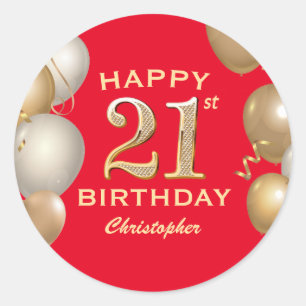Sticker Rond 21e Anniversaire de Ballons Rouge et Or