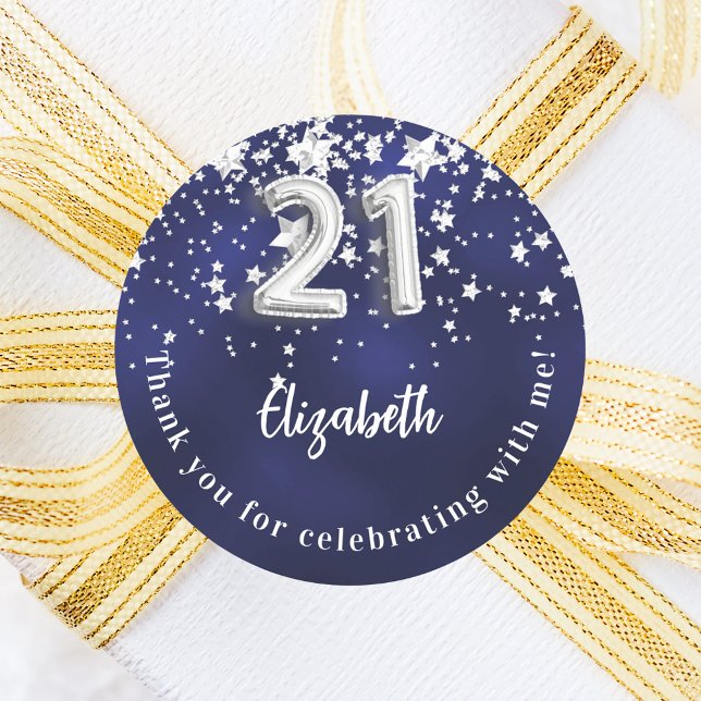 Sticker Rond 21e anniversaire marine bleu argent étoiles (Créateur téléchargé)