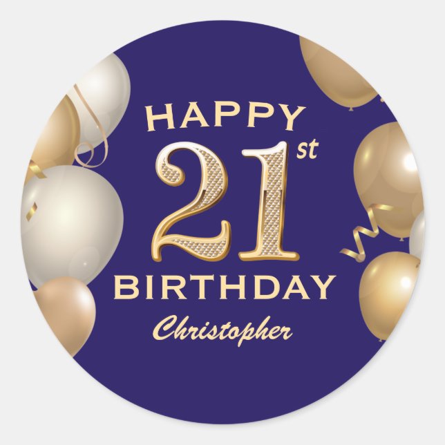 Sticker Rond 21e Anniversaire Marine Bleu et Ballons d'or (Devant)