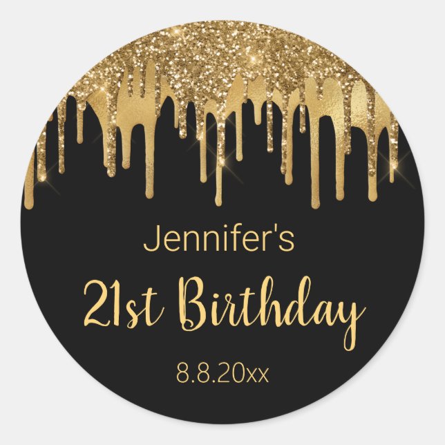 Sticker Rond 21e anniversaire noir parties scintillant gouttes  (Devant)
