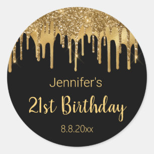Sticker Rond 21e anniversaire noir parties scintillant gouttes 