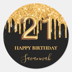 Sticker Rond 21e anniversaire parties scintillant en or noir ba