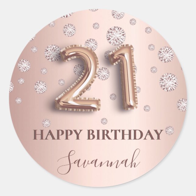 Sticker Rond 21e anniversaire rose or rose diamants police (Devant)