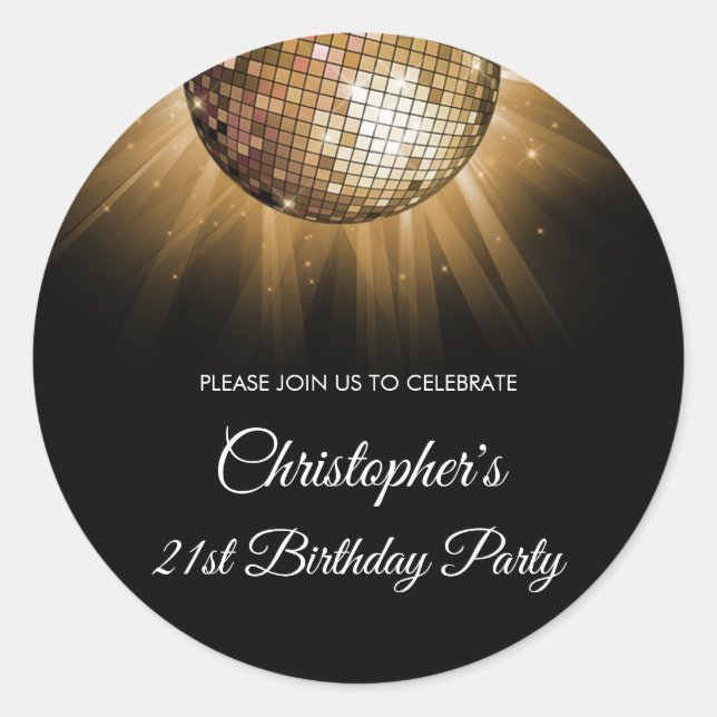 Sticker Rond 21e Anniversaire Soirée Gold Sparkle Disco Ball (Devant)