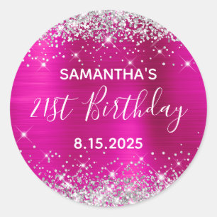 Sticker Rond 21e fête d'anniversaire Hot rose et Parties scinti