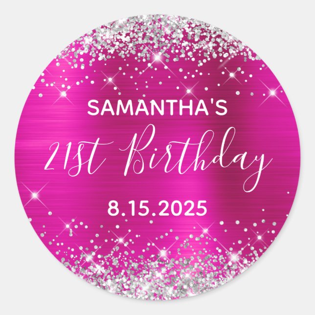 Sticker Rond 21e fête d'anniversaire Hot rose et Parties scinti (Devant)