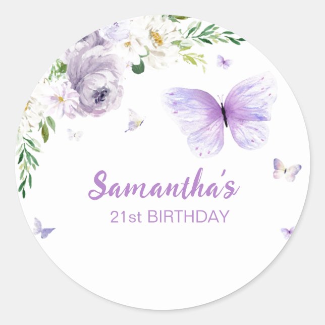 Sticker Rond 21ème Papillon Floral Purple Gold (Devant)