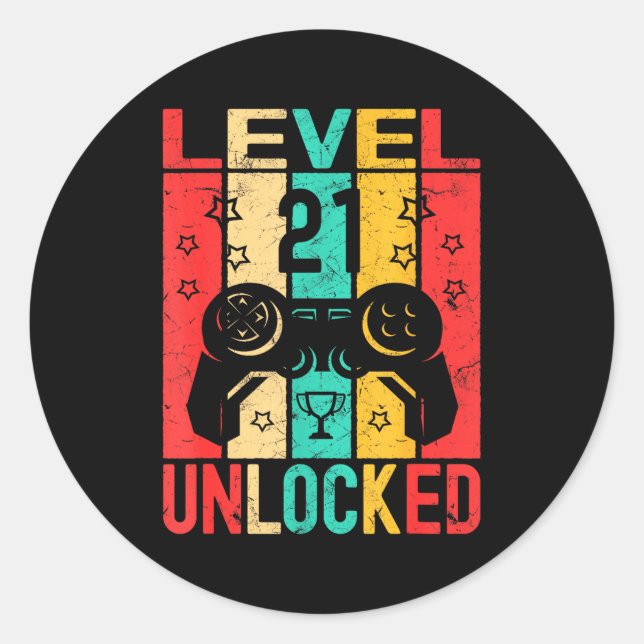 Sticker Rond 21st Birthday Level 21 Unlocked Gamer Funny Birthd (Devant)
