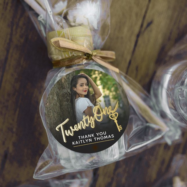 Sticker Rond 21st Birthday photo script gold effect 21 key (Créateur téléchargé)