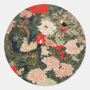 Sticker Rond 22. 牡丹小禽図, pivoines de 若冲 et petits oiseaux,