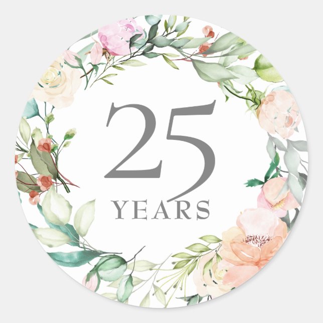 Sticker Rond 25 Anniversaire Mariage Argent Roses floraux (Devant)