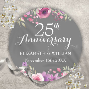 Sticker Rond 25e Anniversaire de Mariage Roses et Feuillage Aqu