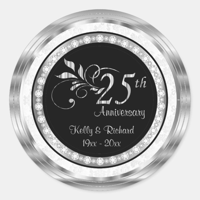 Sticker Rond 25e anniversaire du Mariage d'argent - Damas blanc (Devant)