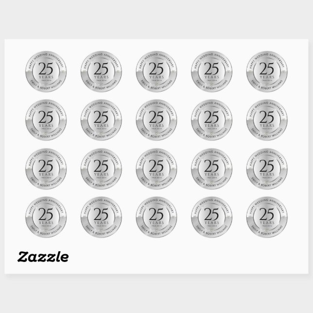 Sticker Rond 25e anniversaire du mariage noir et argent (Feuille)