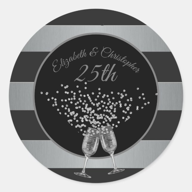 Sticker Rond 25e anniversaire du Mariage Silver Black Stripe (Devant)