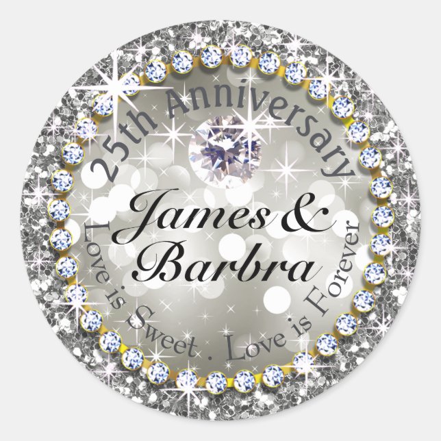 Sticker Rond 25e anniversaire Glitzy Diamond Bling | argent (Devant)