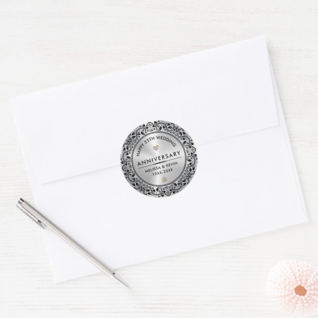 Sticker Rond 25e anniversaire Mariage d'argent Cadeau Black Swi (Enveloppe)