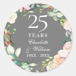 Sticker Rond 25e anniversaire Mariage d'argent Roses Garland