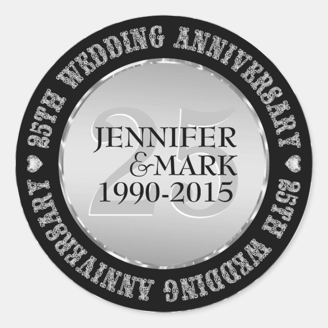 Sticker Rond 25E Anniversaire Mariage Métallique Argent Et Noir (Devant)