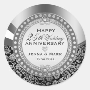 Sticker Rond 25e anniversaire Mariage Ornament noir et argent