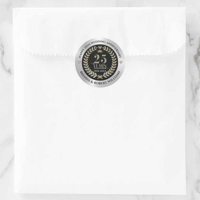 Sticker Rond 25e anniversaire mariage parties scintillant d'arg (Sac)