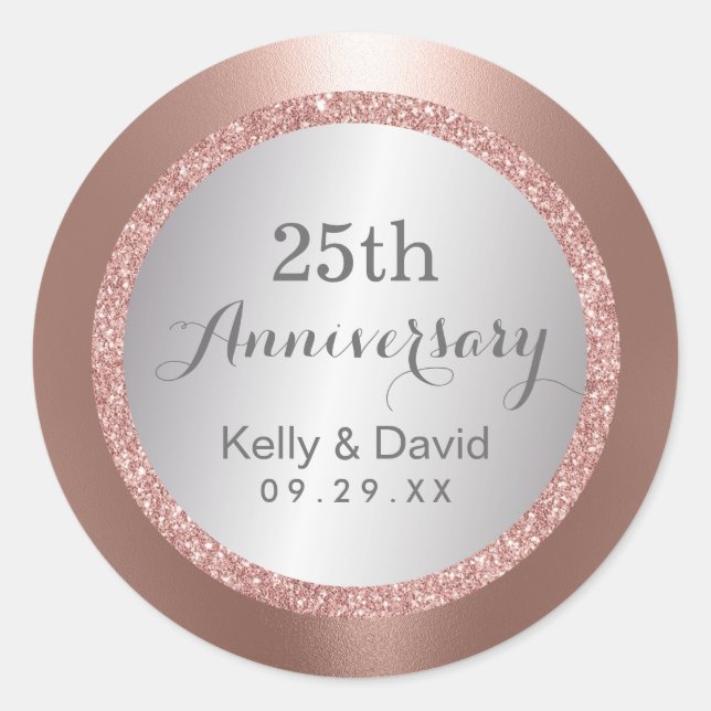 Sticker Rond 25e anniversaire Mariage Rose moderne Gold Silver (Devant)