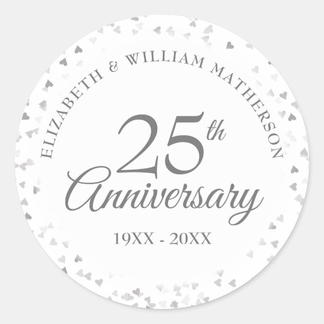 Sticker Rond 25e anniversaire Silver Love Hearts Confetti (Devant)
