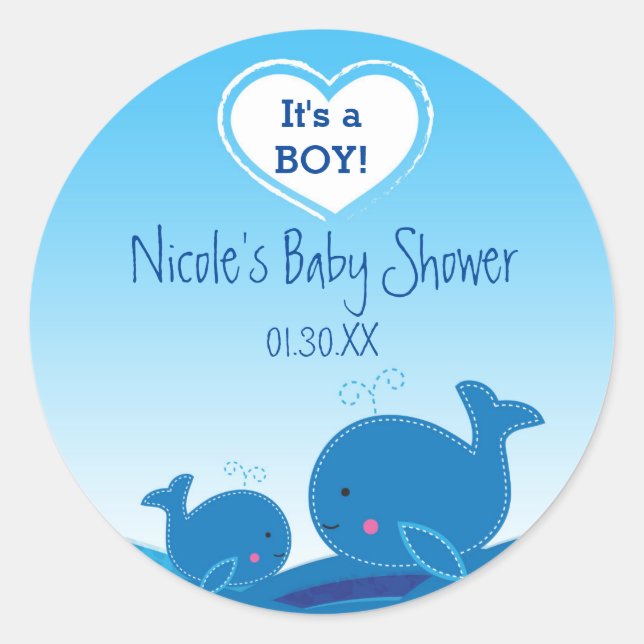 Sticker Rond 2 Beaux Baleines Bleues Baby shower Favoriser Stic (Devant)