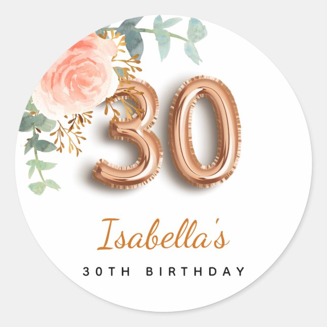 Sticker Rond 30e anniversaire floral rose or eucalyptus monogra (Devant)
