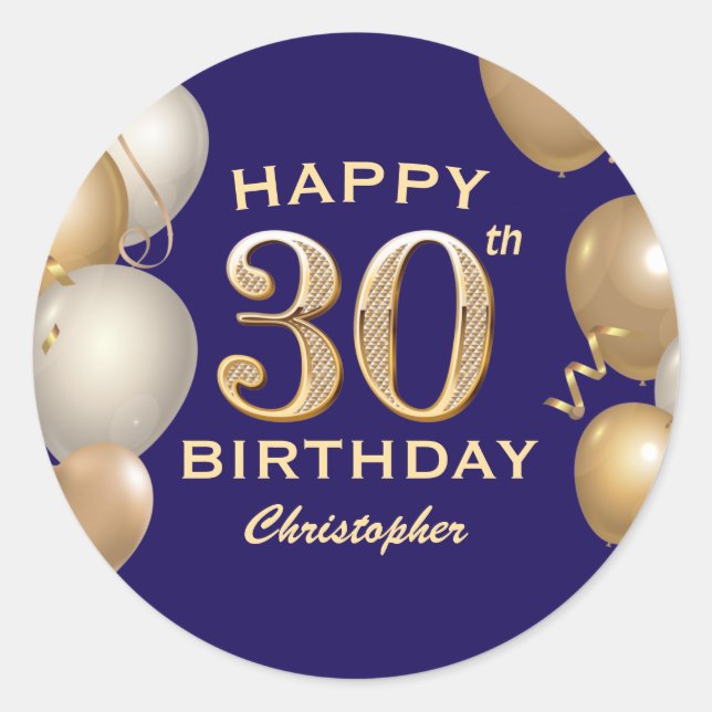 Sticker Rond 30e Anniversaire Marine Bleu et Ballons d'or (Devant)