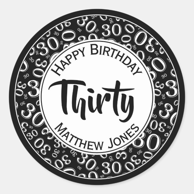 Sticker Rond 30e anniversaire Numéro Motif noir/blanc 30 (Devant)