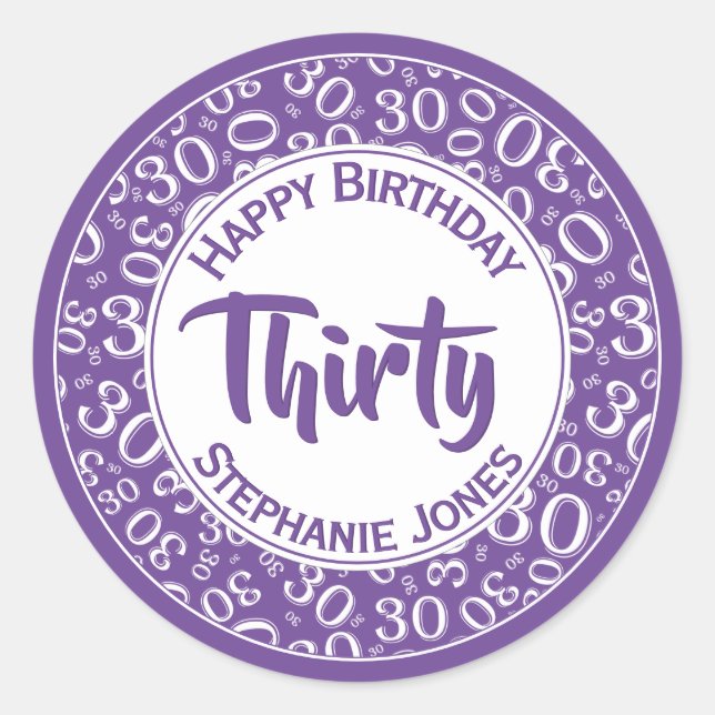 Sticker Rond 30e anniversaire Numéro Motif Purple/Blanc 30 (Devant)