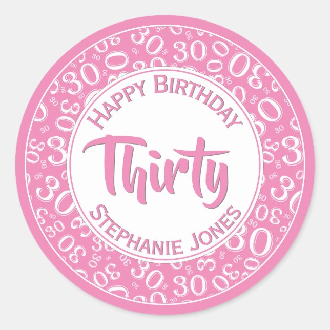 Sticker Rond 30e anniversaire Numéro Motif rose/blanc 30 (Devant)