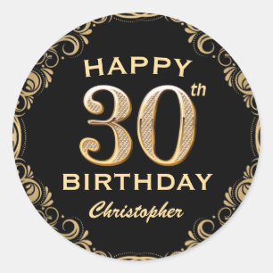 Sticker Rond 30e anniversaire Parties scintillant noir et or ca